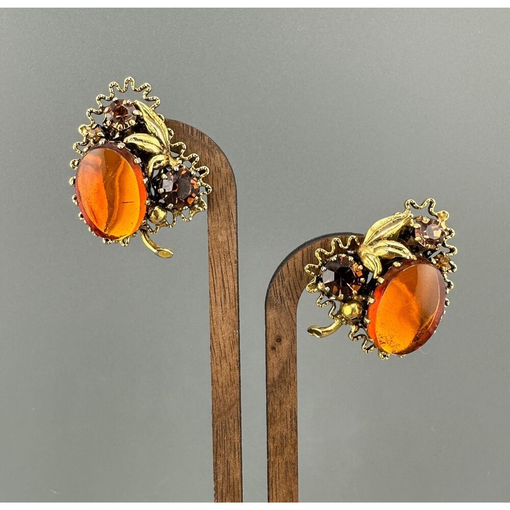 Vintage Austria Crystal Earrings Amber Glass Clip On Antiqued Gold Tone Floral